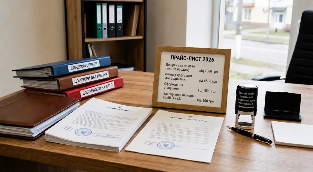 Ціни на послуги нотаріуса в Борисполі розміщені на робочому столі нотаріуса Борисполя Родоман